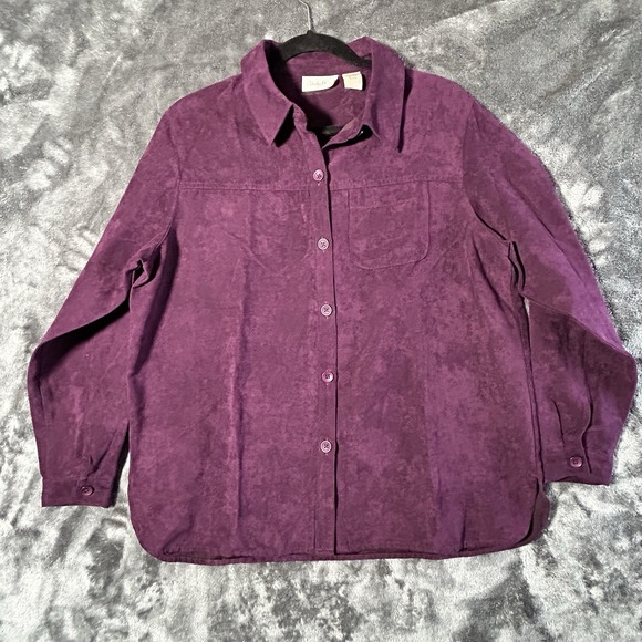 Studio Works Tops - Studio‎ Works Velour Shirt Womens LP Purple Plum Petite Button Up Soft Casual